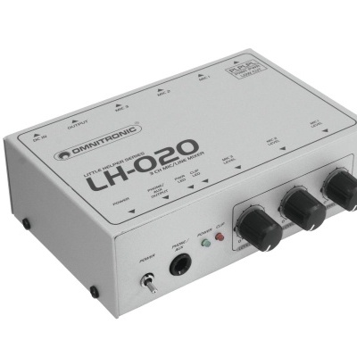 Interface de áudio cinzenta DMXTRONIC LH-020 com botões pretos e indicadores LED