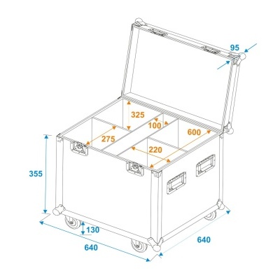 Desenho técnico de caixa de transporte com tampa aberta e medidas em milímetros.