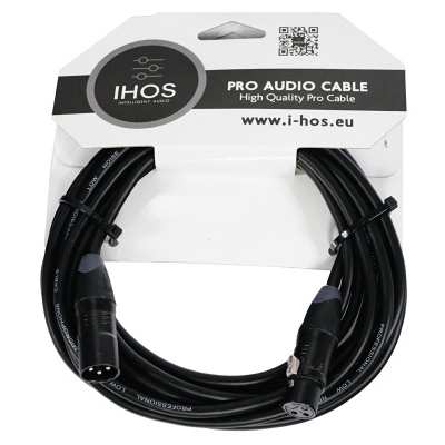 Cabo de áudio profissional preto com conectores XLR em embalagem branca