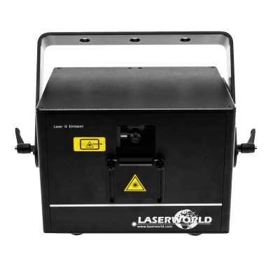 Projetor laser preto da marca LASERWORLD com etiquetas amarelas de aviso de laser