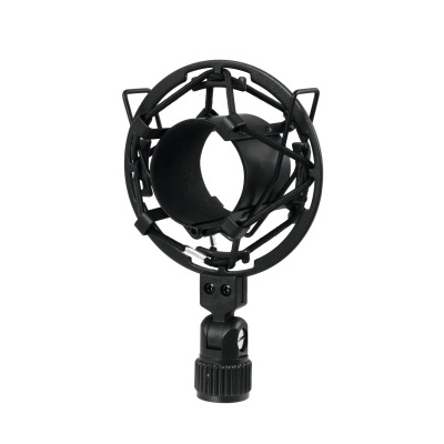 Suporte anti-choque preto para microfone com design circular numa superfície branca