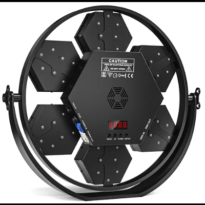 Dispositivo eletrônico hexagonal preto com visor numérico vermelho e moldura circular.