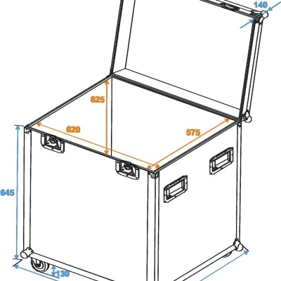 Contentor de armazenamento com tampo aberto e rodas, com medidas destacadas em azul e laranja.
