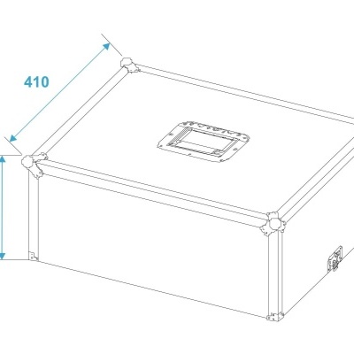 Caixa retangular branca com cantos metálicos e pega, dimensões 410x230 mm