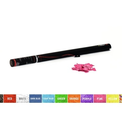 Tubos de confettis pretos com confettis cor-de-rosa espalhados e faixa colorida com nomes de cores