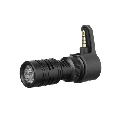 Microfone direcional compacto preto com entrada de áudio de 3,5 mm