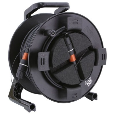 Carretel de cabo preto com conectores laranja e preto