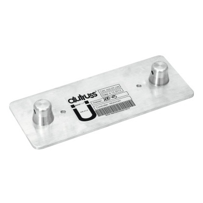 Placa metálica prateada com parafusos e etiqueta Dufluss