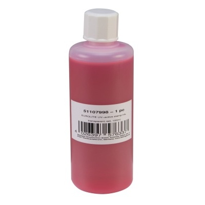 Frasco plástico com líquido cor de rosa e etiqueta com código de barras