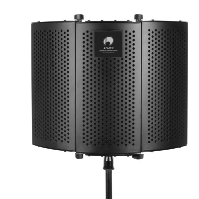 Painel de isolamento acústico triplo preto com padrão perfurado e etiqueta central.