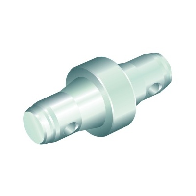 Peça metálica cilíndrica prateada com flange central em fundo branco