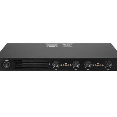 Amplificador de áudio preto com botões e LEDs