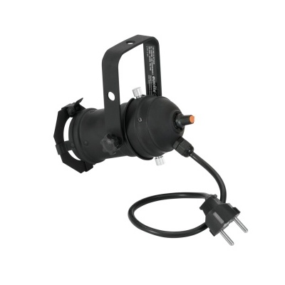 Refletor de iluminação teatral preto com suporte e cabo elétrico