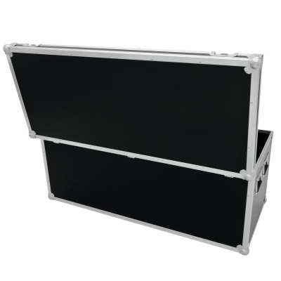 Caixa de transporte preta com estrutura metálica prateada, topo aberto, cantos reforçados.