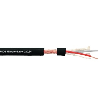 Cabo microfone preto com fios internos expostos e texto HELUSOUND® Mikrofonkabel 2x0,34