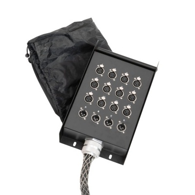 Painel metálico preto com conectores circulares e bolsa protetora preta