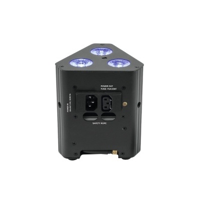 Dispositivo eletrônico triangular preto com luzes LED azuis e conexões elétricas