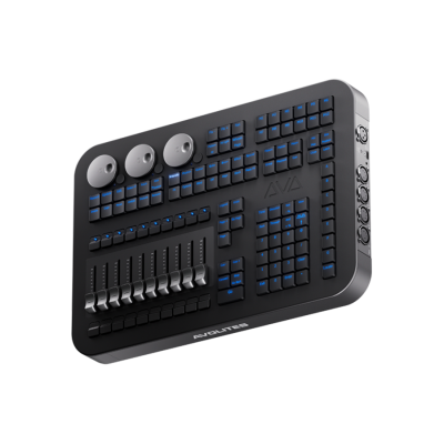 Painel de controlo preto com botões azuis e deslizadores metálicos