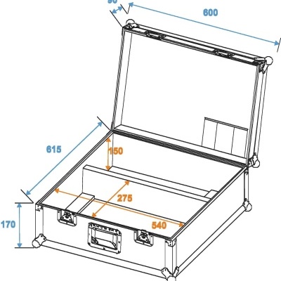 Mala rígida aberta com medidas técnicas e compartimento interno