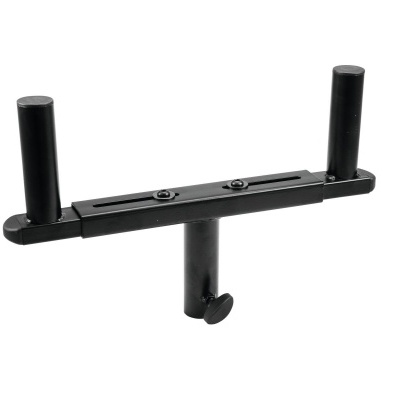 Suporte preto em metal com dois cilindros verticais e parafuso, fundo branco