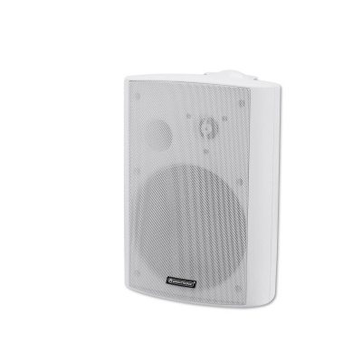 Coluna de som branca com grelha metálica e etiqueta Phonar