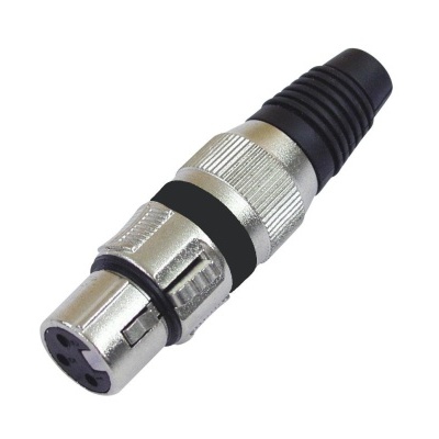 Conector XLR fêmea metálico prateado com isolamento preto