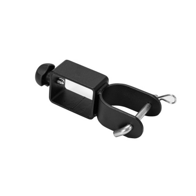 Suporte ou acessório metálico preto com parafusos e ajuste