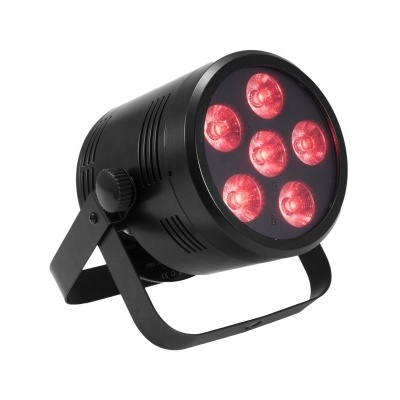 Luz de palco LED preta com seis luzes vermelhas em fundo branco