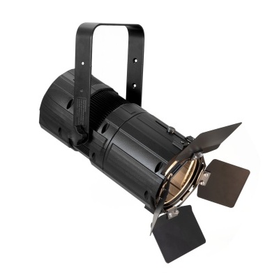 Refletor de palco preto em metal com lente frontal e cortinas de luz