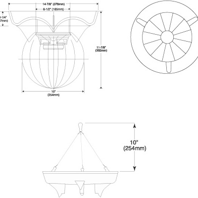 Desenho técnico de um lustre pendente com três braços e dimensões