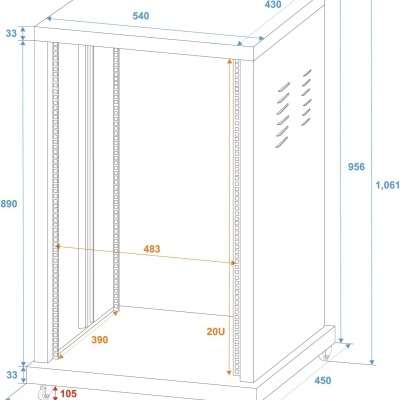 Desenho técnico de móvel para equipamento informático com dimensões e medidas detalhadas