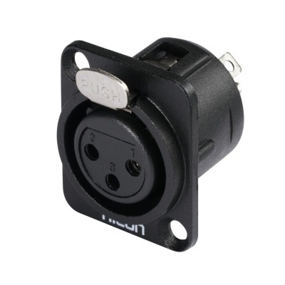 Conector XLR feminino preto com detalhe PUSH