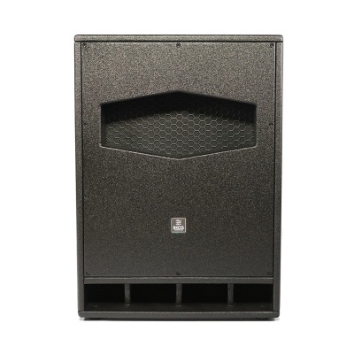 Coluna de som preta com grelha hexagonal e múltiplas aberturas