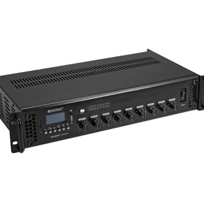 Amplificador áudio profissional preto com painel frontal e botões