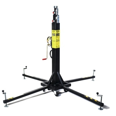 Içador metálico preto com pernas ajustáveis e etiqueta amarela