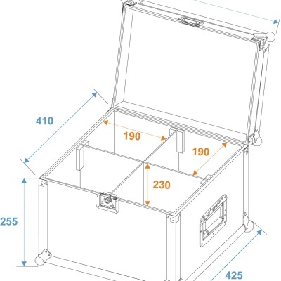 Desenho técnico de uma caixa de armazenamento com medidas em milímetros