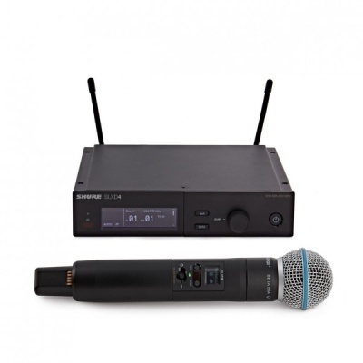 Microfone sem fios preto SHURE SLX24 com receptor digital e duas antenas