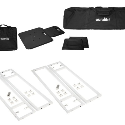 Acessórios de montagem de iluminação Eurolite com duas estruturas brancas, placas pretas e bolsas de transporte