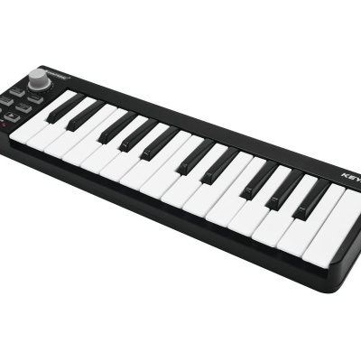 Teclado MIDI compacto preto com 25 teclas num fundo branco.