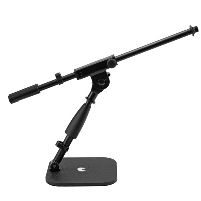 Suporte preto metálico ajustável com base retangular.