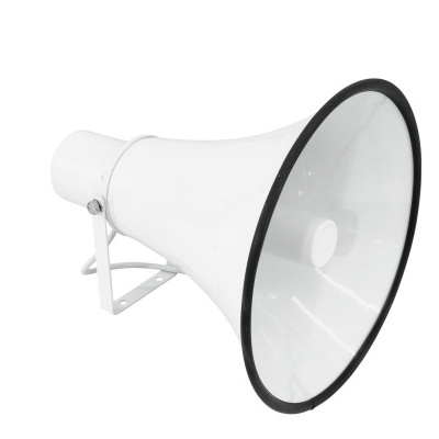 Megafone branco com rebordo preto isolado sobre fundo branco