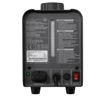 Unidade eletrônica preta com válvula ajustável, etiquetas e interruptor vermelho