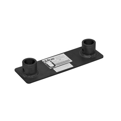 Suporte metálico preto com duas colunas cilíndricas e etiqueta com texto