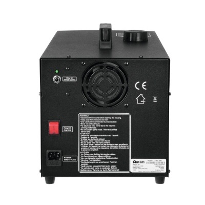Máquina de fumo Antari preta vista de trás com botões e etiquetas.