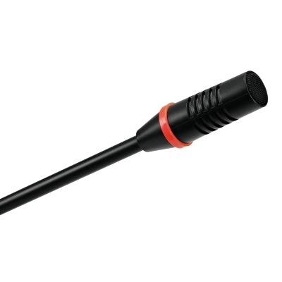 Microfone preto com longa haste e anel vermelho próximo à cápsula
