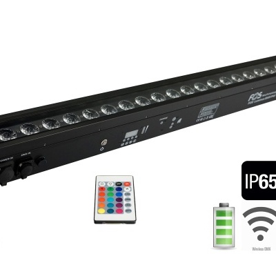 Barra de luz LED preta com controlo remoto e ícones IP65, bateria e Wi-Fi