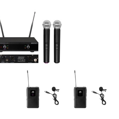 Conjunto de microfones sem fios com dois microfones de mão e dois microfones de lapela