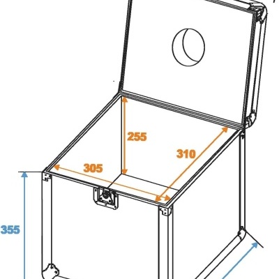 Caixa metálica retangular com tampa aberta e orifício circular