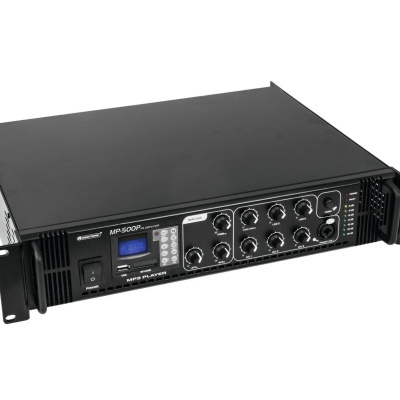 Amplificador de som preto com visor digital azul e botões de controlo