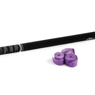 Tubo preto cilíndrico com três rolos roxos enrolados ao lado sobre fundo branco